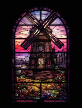 wind mill stained glass window mosaic religious collage artwork retro vintage textured religion