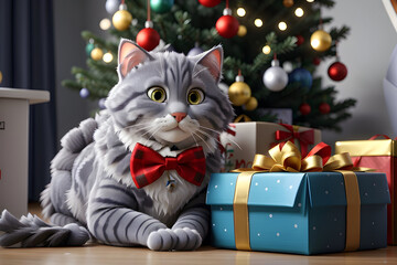 Beautiful domestic gray cat with Christmas gifts 