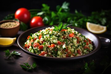 Traditional middle eastern dish tabbouleh vegetarian salad with parsley, cucumber, bulgur - obrazy, fototapety, plakaty