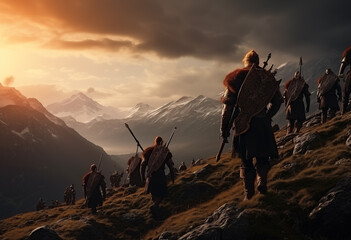 Group of vikings hiking in mountain at sunset; - obrazy, fototapety, plakaty