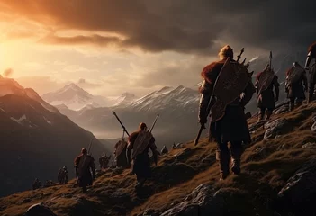 Fotobehang Group of vikings hiking in mountain at sunset  © Jacques Evangelista