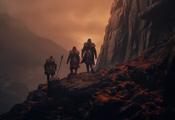 Group of vikings hiking in mountain at sunset;