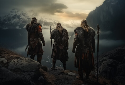 Group of vikings hiking in mountain at sunset;