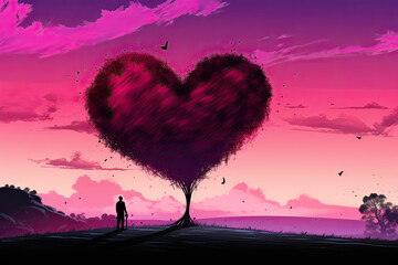 Lonely man leaning on cane stands by heart-shaped tree and remembers love at the purple sunset of life