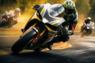 Motorcycle rider riding fast on asphalt road. Riding sport bike. Motosport Concept. Background with copy space.  - obrazy, fototapety, plakaty