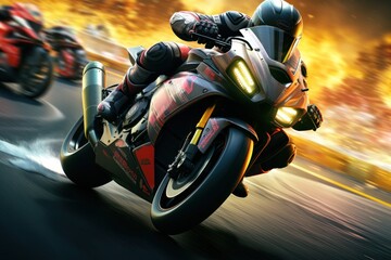 Motorcycle rider rides on the race track. Motosport Concept. Background with copy space. 