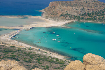 Balos beach famous landmark beach landscape in Crete, Greek Islands. Quiet turquoise beach pool with white sand on a summer vacation destination