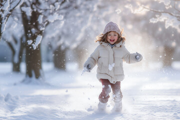 Fototapeta na wymiar Cute little girl having fun on beautiful winter day. Happy child playing outdoors. Selective focus