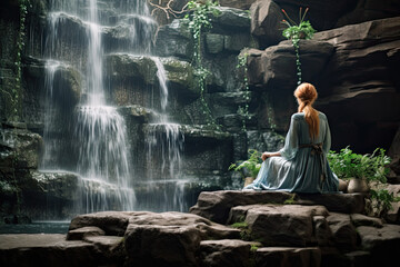 a beautiful fairy in a large waterfall. Fantasy.