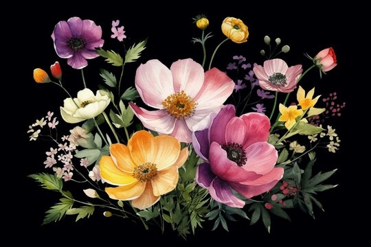 Colorful floral print with buttercup flowers bouquets on dark background. Watercolor botanical illustration of spring blossom. Generative AI