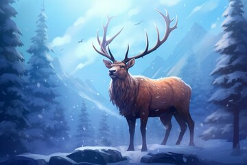 adorable elk against snowy magical backdrop. Generative AI