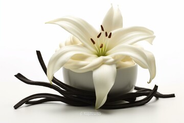 Vanilla beans, flower, cream on white. Generative AI