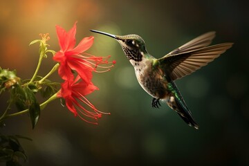 Close-up of a hummingbird on a flower. Generative AI