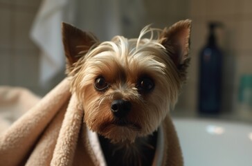 dog sitting in the bathroom	