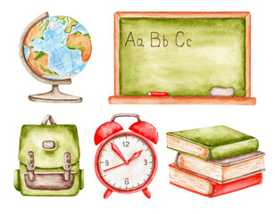 School life watercolor illustrations set. School board, globe, alarm clock, backpack, books. Back to school. Knowledge, education, lesson. Illustrations isolated. For stickers, cards, posters.