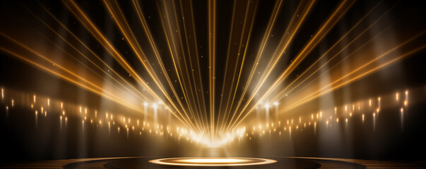 Gold lights rays scene background. Golden light award stage with rays and sparks

