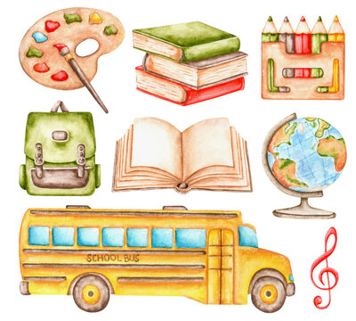 School watercolor illustration set. School yellow bus. Paints, palette, books, colored pencils, backpack, globe, treble clef. Illustrations isolated. For stickers, cards, posters.