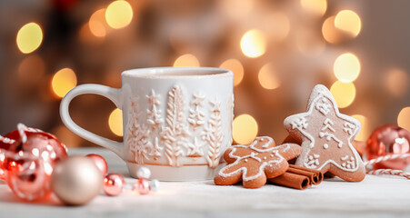 Obraz na płótnie Canvas Christmas gingerbread cookies, coffee in stylish white cup, warm lights on white wooden table. Winter Holidays, cozy xmas moody 