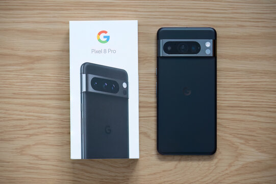 View of the Google Pixel 8 Pro mobile phone box and phone