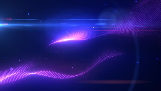 Purple glowing energy bright waves from small particles and lines abstract background