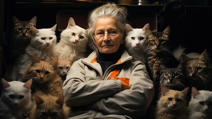 Crazy old granny cat lady sitting in a chair with her many cats, Animal Lover - obrazy, fototapety, plakaty