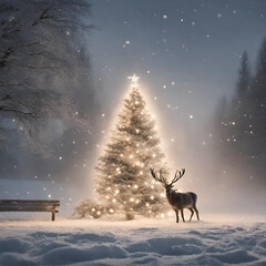 Snow covered christmas tree in winterwonderland, reindeer in front. Christmas gift card cover