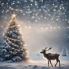 Snow covered christmas tree in winterwonderland, reindeer in front. Christmas gift card cover
