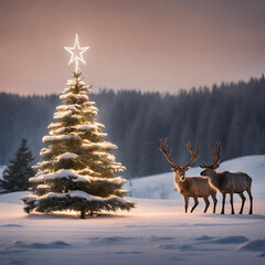 Snow covered christmas tree in winterwonderland, reindeers in front. Christmas gift card cover