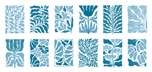 Matisse style flowers. Geometric plant pattern, abstract minimal modern collage, floral and nature trendy blue doodles. Vector illustration background  - obrazy, fototapety, plakaty