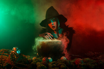 Photo of stunning lady powerful witch wicca making love potion look in future in mist neon background