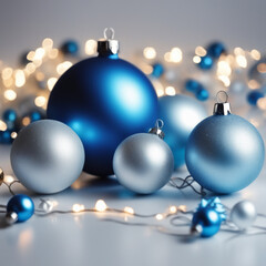 Christmas background. Blue Christmas toys. Space for text. Grey background. Generative AI illustration
