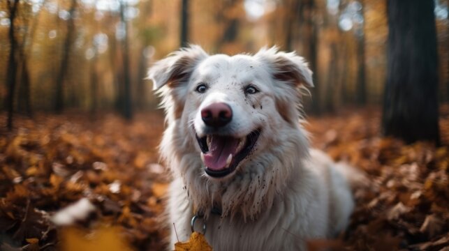 Portrait of a white Swiss Shepherd in the autumn forest with yellow leaves