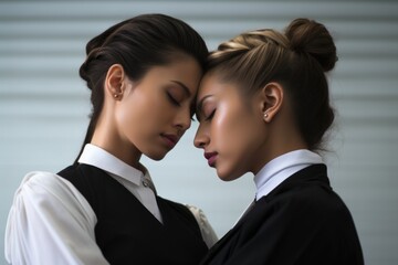Happy female couple non-traditional orientation, lesbian, LGBT, romantic relationship of two girls. Love serious commitment