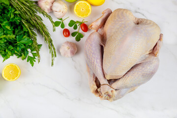 On a white surface, fresh raw turkey is viewed from the top.