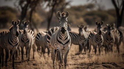 Fototapeta na wymiar Zebras in the African Savannah. Wildlife Concept. Background with copy space. 