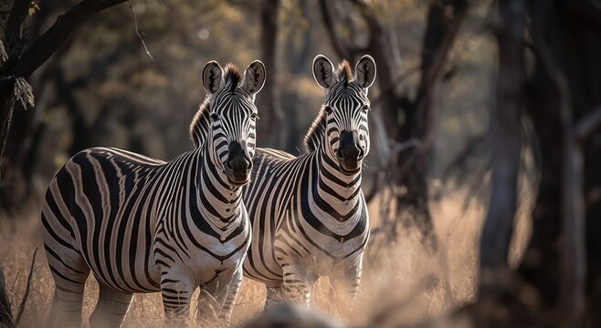 Zebras in the African Savannah. Wildlife Concept. Background with copy space. 