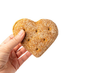 Oatmeal Bun in the Shape of a Heart Isolated, Gluten Free Flat Finnish Bread Roll