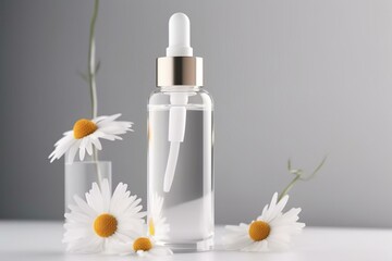 Fototapeta na wymiar Elegant skincare serum with chamomile extract. Clear bottle mock-up with pipette dispenser and soothing liquid. Generative AI