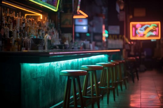 Neon sign in a bar with a blurred counter background. Generative AI