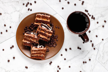 Delicious homemade layered chocolate cake with chocolate chips.