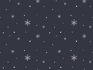 Fototapeta na wymiar Winter snow seamless pattern. Hand drawn white snowflakes on gray. Seasonal holidays background. Cold weather