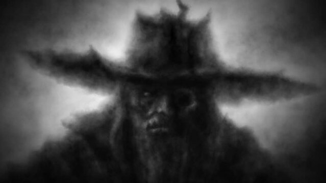 Scary old male face in big hat 2D animation. Gloomy mage silhouette. Evil ghost in dark fantasy movie. Spooky character from nightmares. Halloween ghost video clip, VJ loops. Creepy visions of hell. 