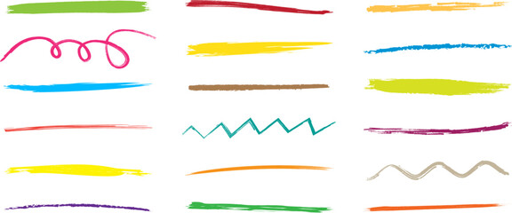 Brush line, charcoal scribble, colorful chalk, pencil stroke mark, crayon color, pen marker, sketch graffiti, paint doodle vector set, grunge effect. Drawing kids ink illustration - obrazy, fototapety, plakaty