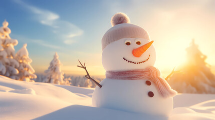 Obraz premium Happy snowman with scarf and hat