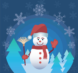Winter Christmas with Snowman and semi-spherical background with pine trees and snowflakes. Christmas square card. Vector illustration.