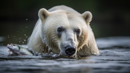 Fototapeta premium Polar bear (Ursus maritimus) in the water. Global Warming Concept. Background with copy space. 