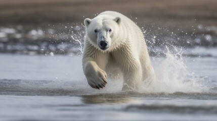 Polar bear (Ursus maritimus) running in water. Global Warming Concept. Background with copy space.  - obrazy, fototapety, plakaty