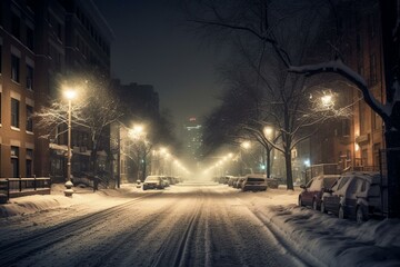 Nighttime snowy cityscape street. Generative AI