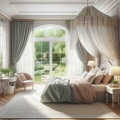 Cozy bedroom with a canopy bed, soft pastel color scheme, and a large bay window overlooking a lush garden. Elegant and serene bedroom decor