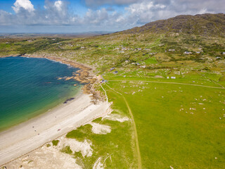 Aerial view of beach and village in Dogs bay